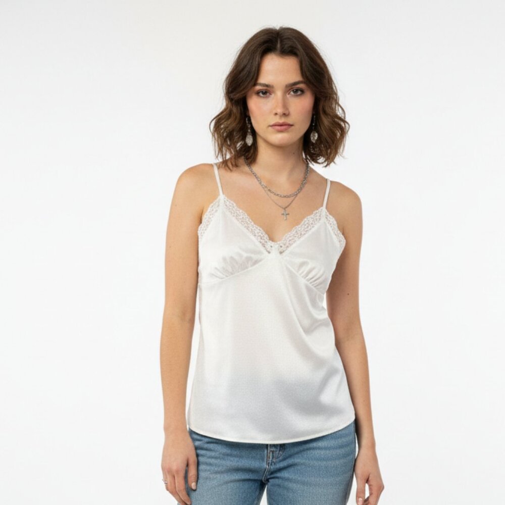 Vintage Deena Tank Babydoll Y2K Ivory Satin Lace Whimsical 36